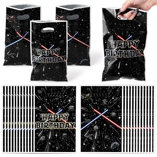 BOpusail Galaxy Movie Star Bag - 50Pcs Black Cartoon Galaxy Party Favor Bag Candy Treat Bags Print Happy Birthday Patterns with Handles Plastic Snack Gifts Bags for Boy Girl Kid Holiday Party Supplies
