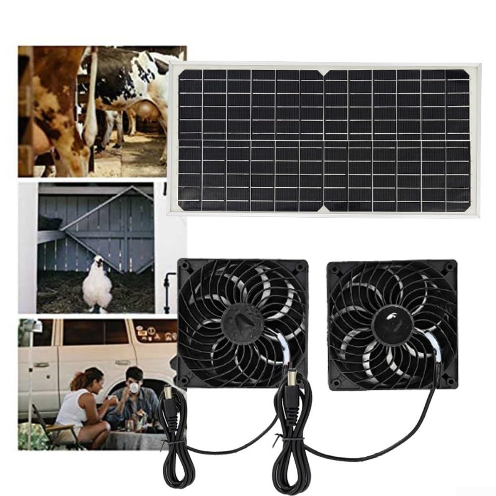 Ventola di ventilazione ad energia solare, 16 W, pannello solare resistente alle intemperie, kit con doppia ventola CC, per serra, pollo, casetta, capannone, sistema automatico di circolazione