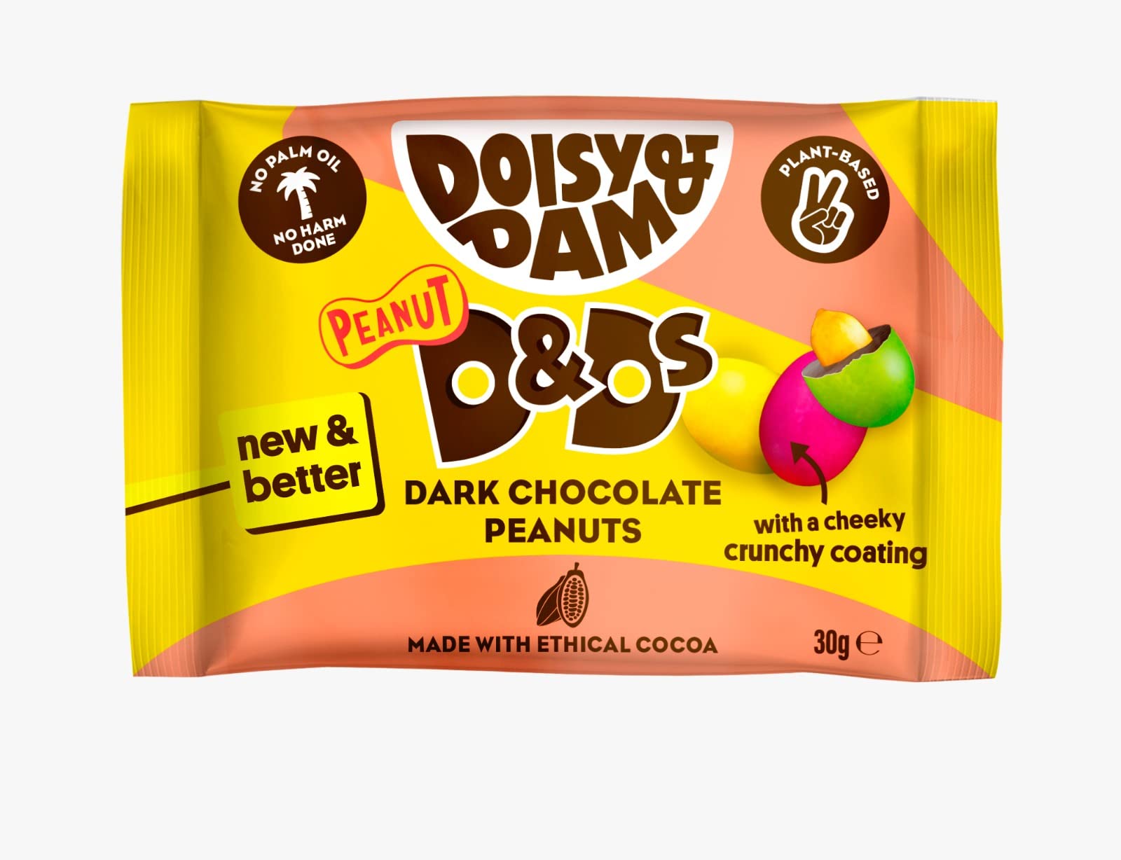 Doisy & Dam Dark Chocolate Peanuts (18 x 30g Pack) | Crunchy chocolate covered Peanut (D&Ds) | Single Origin | 50% Cocoa | No Palm Oil | Vegan Ethical Sharing Bags | Dairy-Free | Natural Ingredients
