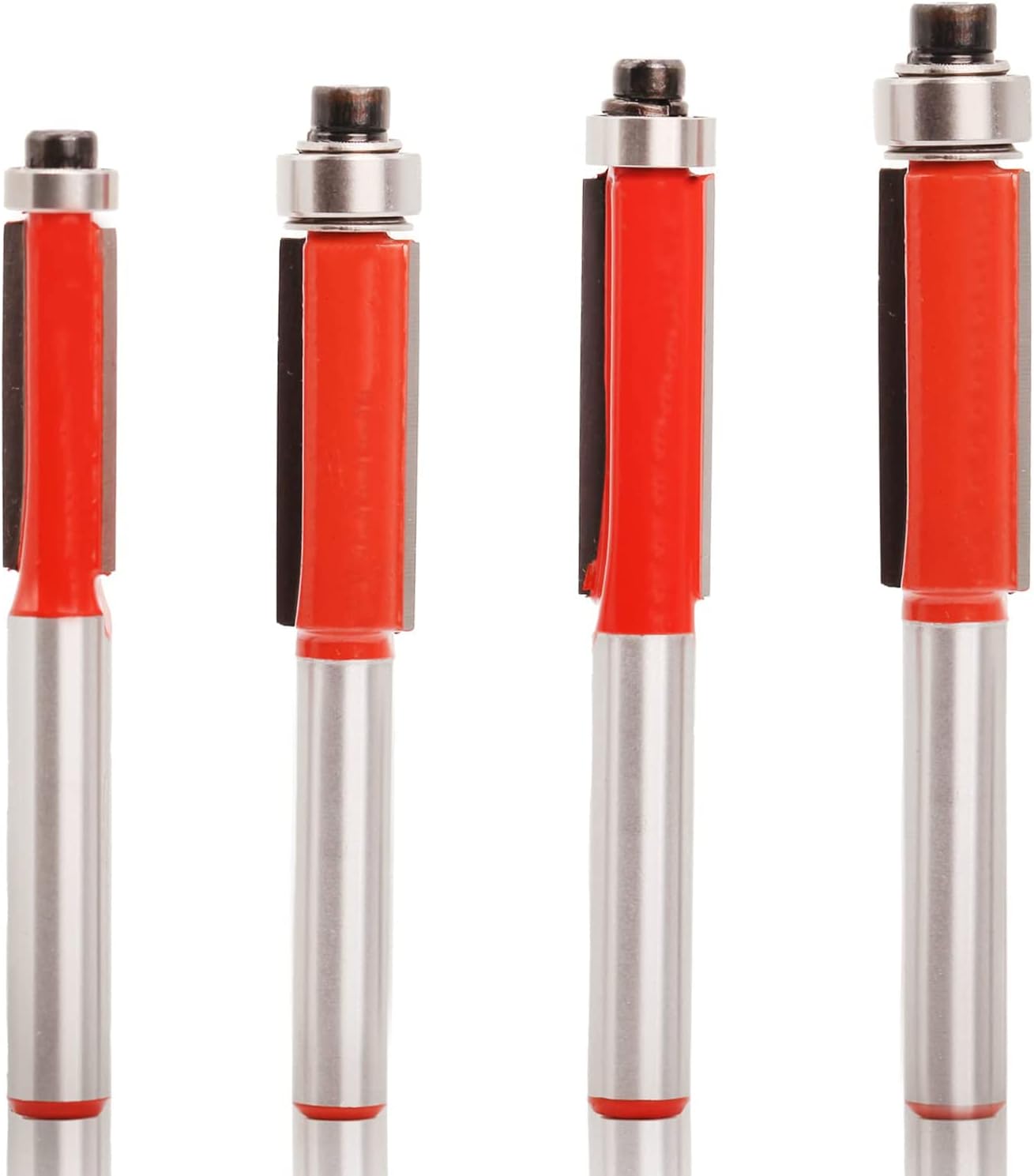 Sinoprotools4pcs Flush Trim Router Bit Set 1/4 Inch Shank with Bearing, Milling Cutter Tools, Industrial Grade Template Pattern Flush Trimming Router Bit, for Woodworking 1/4" 5/16" 3/8" 1/2"