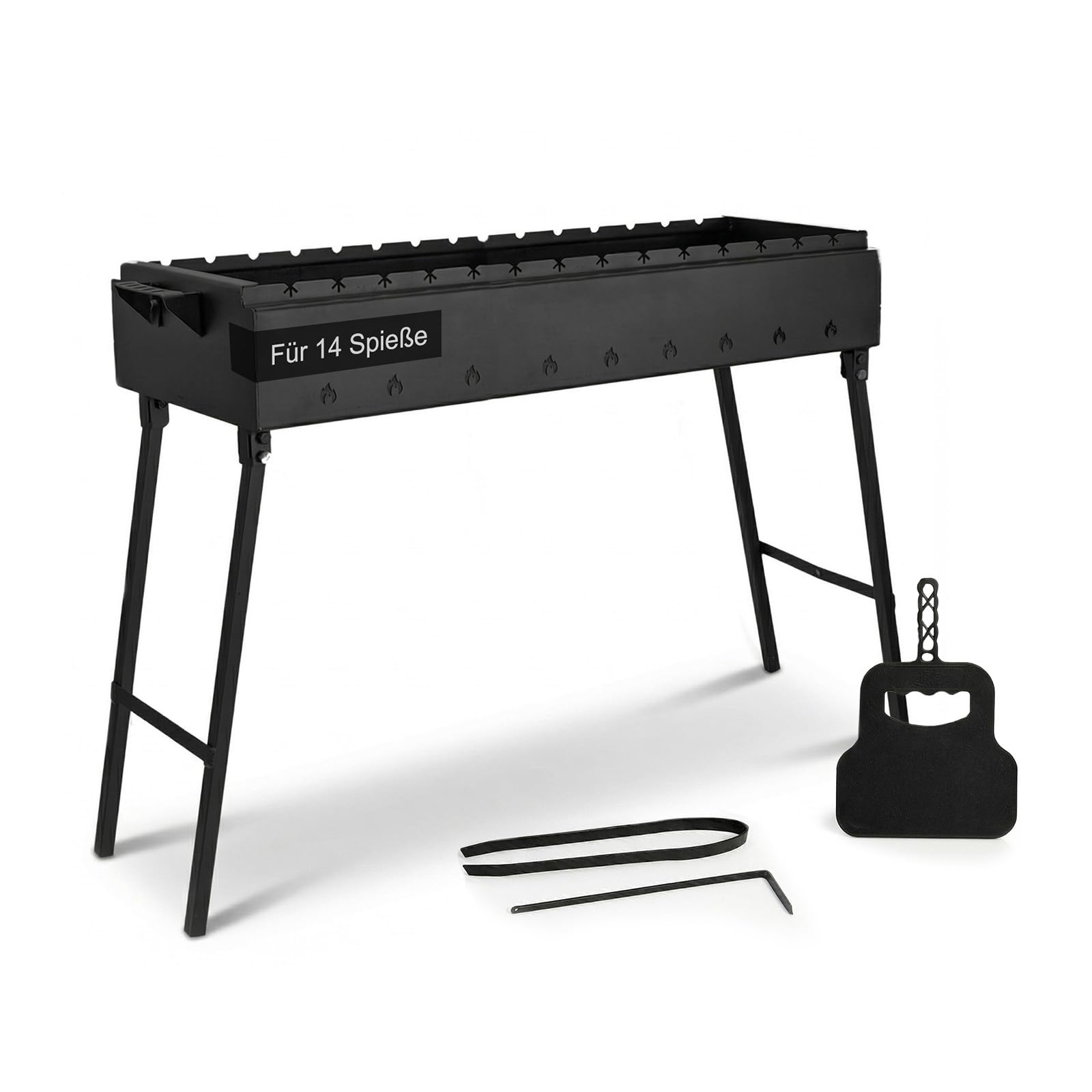 Mangal Klappbar Holzkohlegrill für 14 Spieße 2 mm Stahl 90x33 cm Schaschlik Grill Shashlychnik BBQ Klappgrill Ideal für Garten, Camping & Picknick