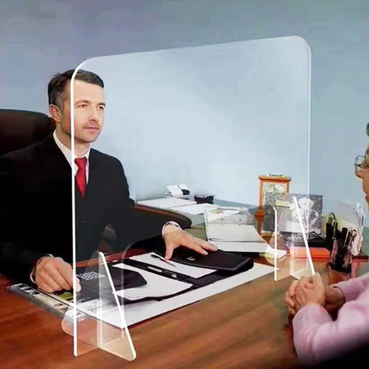 Tablero de partición de Oficina, Protector de estornudos, Ventana de Paso incluida, Protector de estornudo de plexiglás de acrílico Transparente, mostrador de Caja de Caja de recepción。