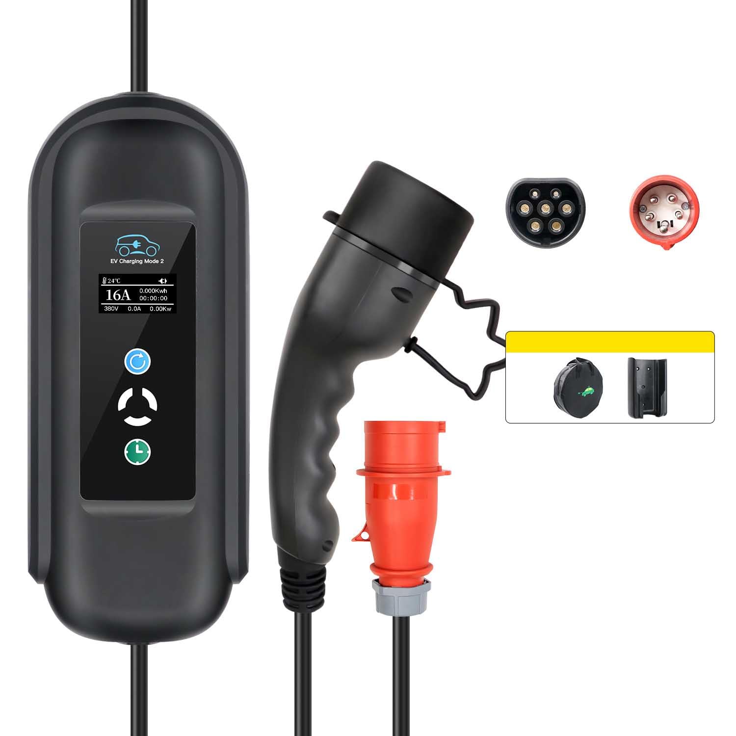 Caricatore universale EV portatile, 16 A 11 KW, connettore tipo 2 IEC 62196, regolazione corrente e timer 1-15 ore, cavo 10 m, ricarica rapida per veicoli elettrici, cavo 10 m