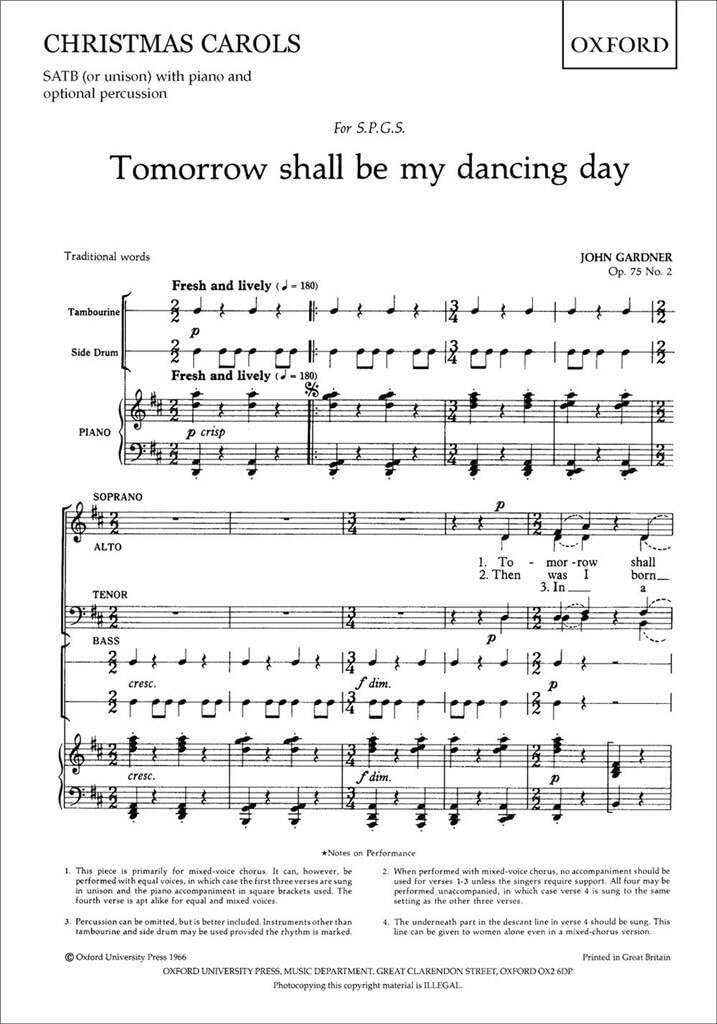 Tomorrow shall be my dancing day Vocal score SATB/unison & piano & perc (opt)