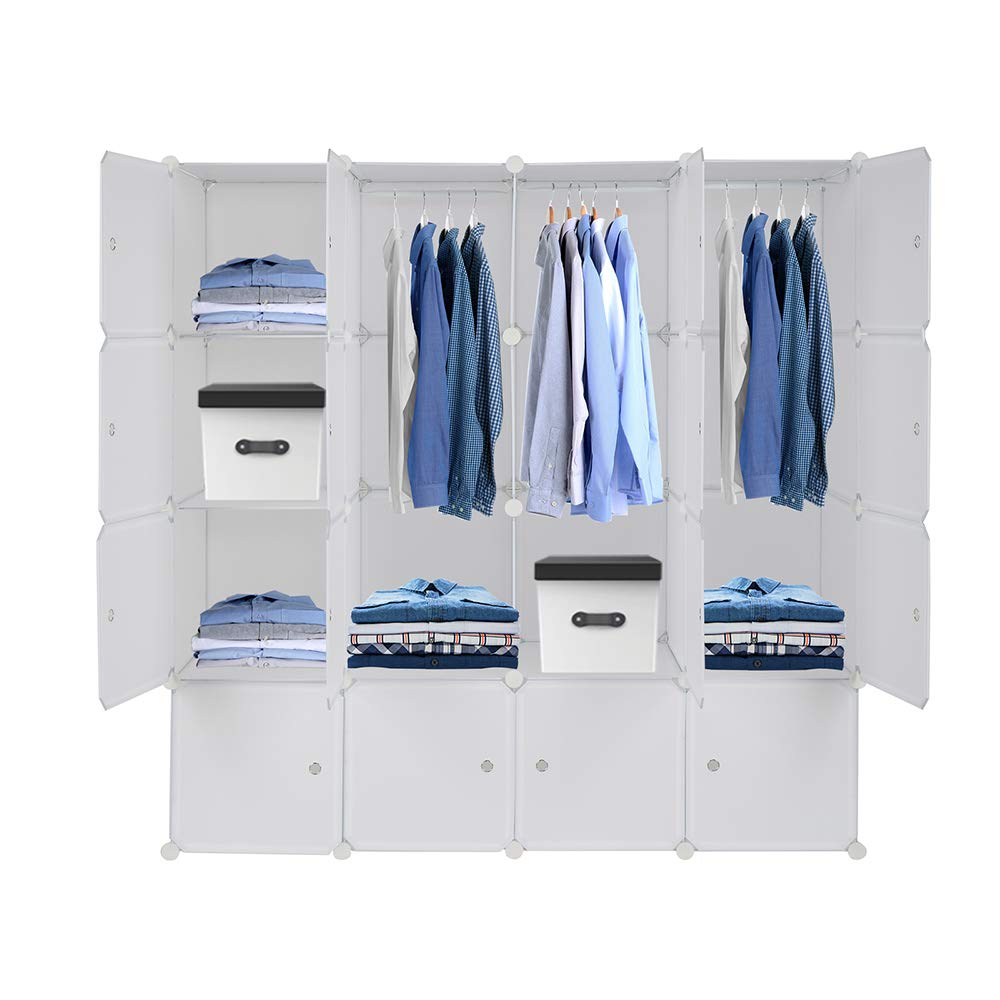 Armoire Penderie Modulable, 16 Cubes, Armoire Chambre, Étagère de Rangement avec Portes, pour Le Stockage de vêtements, Jouets, etc.. (Blanc, 140 x 45 x 140 cm)