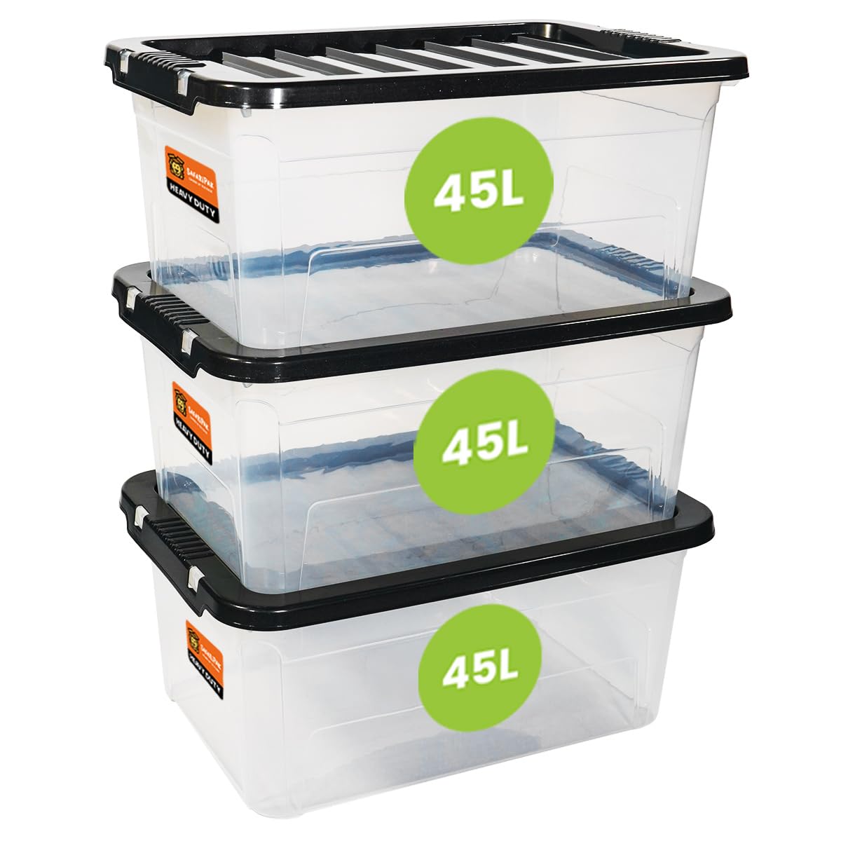 Safaripak Clear 3 X 45 Litre Stackable Plastic Storage Boxes With Lids, Clip-Lock Lid, Sturdy Space Saving Nestable Box, Lidded Containers For Home, Kitchen, Moving, Garage, Office & Organisation