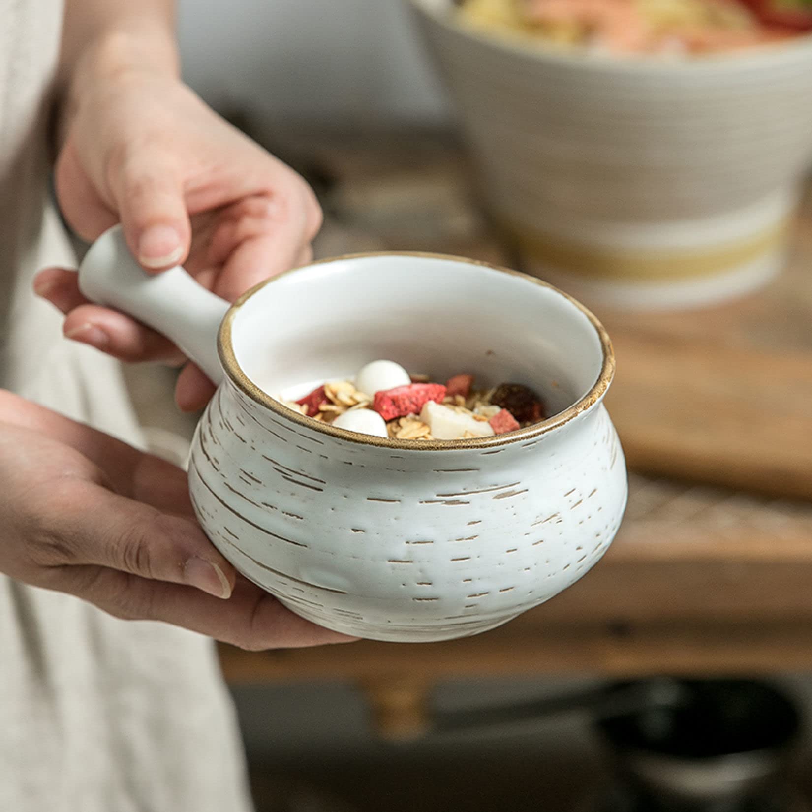 Tazón de sopa, tazón de arroz, Taza de porcelana for sopa de cebolla con asa, cuencos anchos de cerámica for sopa, taza grande de desayuno de cereales y avena for dormitorio, oficina, hogar, blanco-B