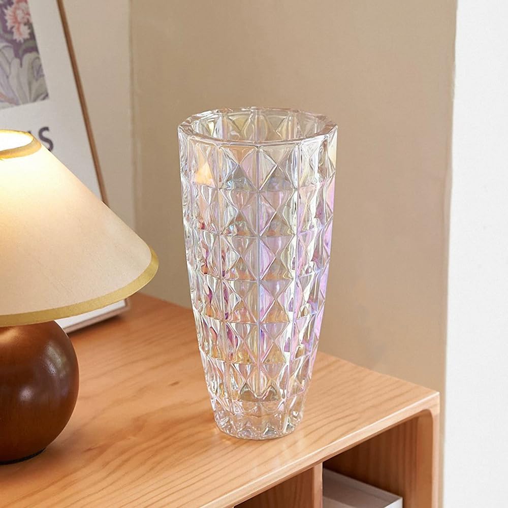 Unique Diamond-Shaped Colorful Glass Flower Vase 11.8" Tall for Home Decor, Dining Wedding Table Office Holiday Party Centerpiece Decoration.