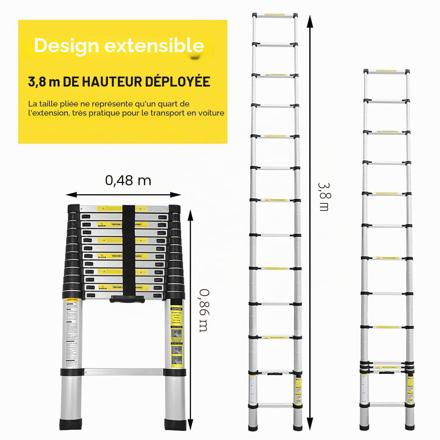 Fiqops Échelle télescopique en Aluminium 3,8 m - Antidérapante - Multifonction - Extensible - Charge maximale 150 kg