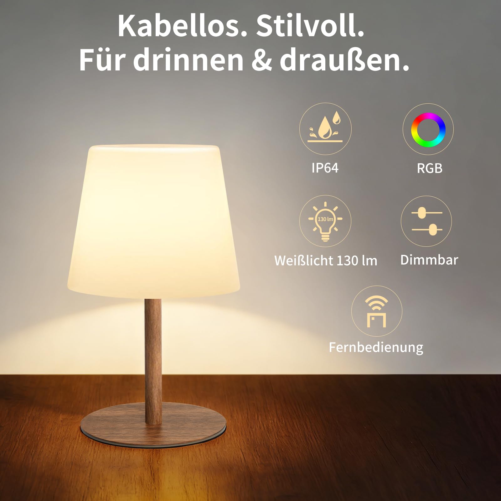 2er Set kabellose Tischlampe mit Fernbedienung, IP64 spritzwassergeschützt, Weißlicht bis 130 lm + RGB, 4000mAh Akku, 2 Höhen 27/41cm, stufenlos dimmbar, Timer, für innen & außen