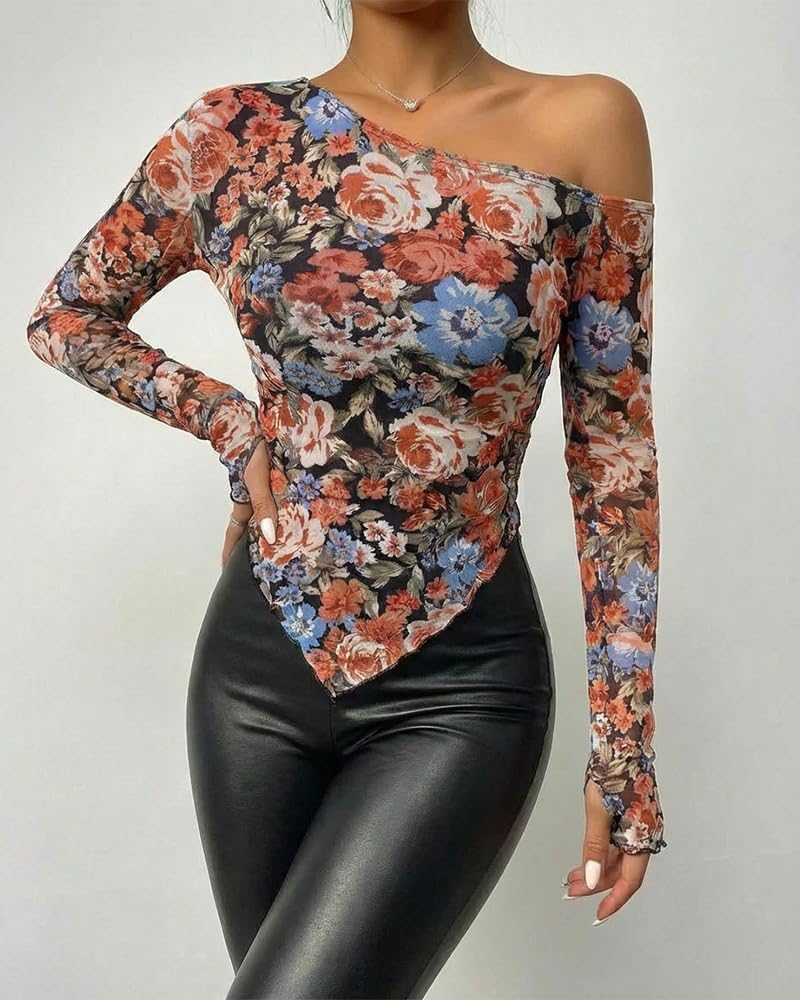 CHICME Womens Floral Mesh Long Sleeve Tops Off Shoulder See Through Fitted Asymmetrical Sexy Sheer Going Out Blouses - Image 4