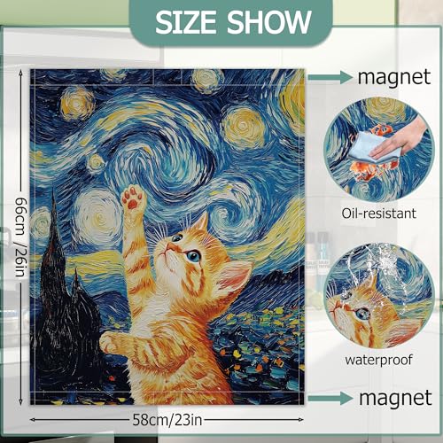 Image of Cute Cat Dishwasher Magnets Decorative Cover,Blue Starry Night Waterproof Magnetic Dishwasher Cover Panel,Refrigerator Magnet Cover for Kitchen Home Decor 23x26 Inch