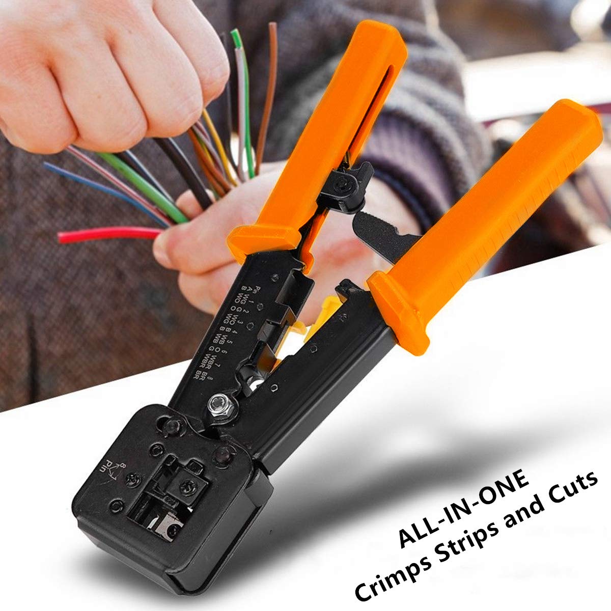 Yankok [Zaciskarka przelotowa] z zestawem ostrzy do 4P6P8P CAT5e CAT6 RJ11 RJ12 RJ45 STP/UTP okrągły płaski kabel Ethernet modułowe narzędzie do zaciskania YKCR011 pomarańczowy