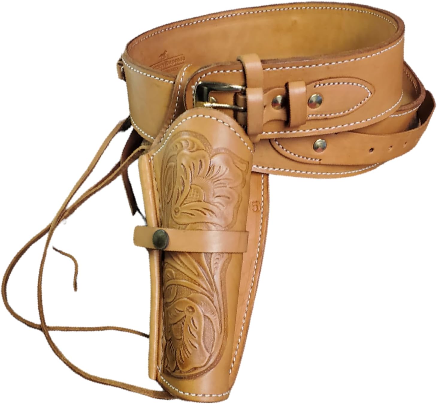Western Gun Belt - Leather - 22 Caliber - Natural Color with Left Handed Tooled Holster Combo (Natural, 36")