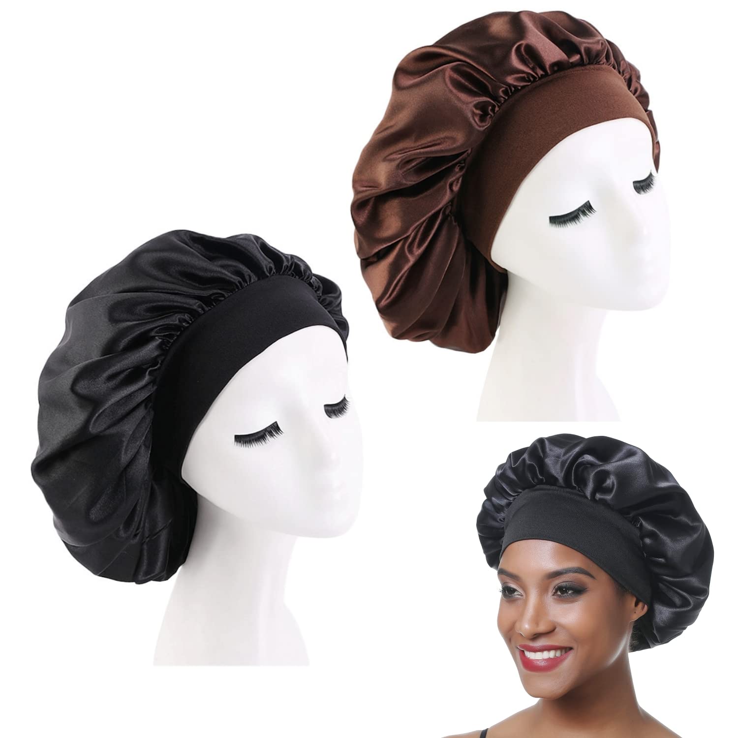 JZK 2 x Wide Band Satin Bonnet Sleep Cap, Night Sleeping Cap Silk Hair Bonnet for Girls and Women Black and Brown