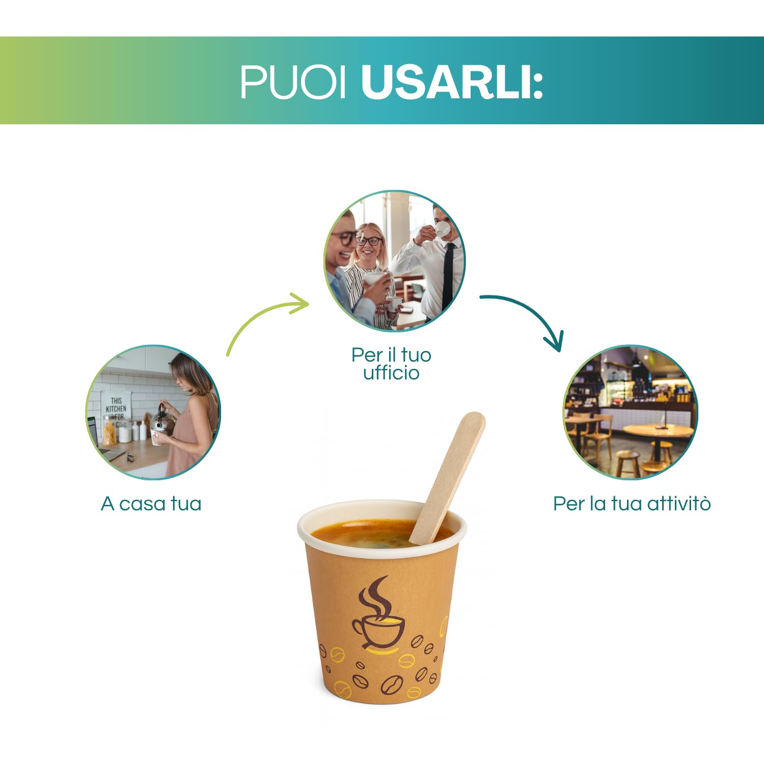 Palucart 500 Bicchieri in Carta per Caffe 90ml Bicchierini Colore Avana con grafica (3 oz) + 500 Palette in Legno di Betulla Biodegradabili in Cartoncino per Bevande Calde Cappuccino, Caffé