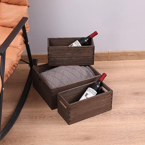 Miniatura 8 de Contenedores de almacenamiento apilables para estantería de armario (paquete de 3) - Cesta decorativa de madera con asas para estantes de libros,