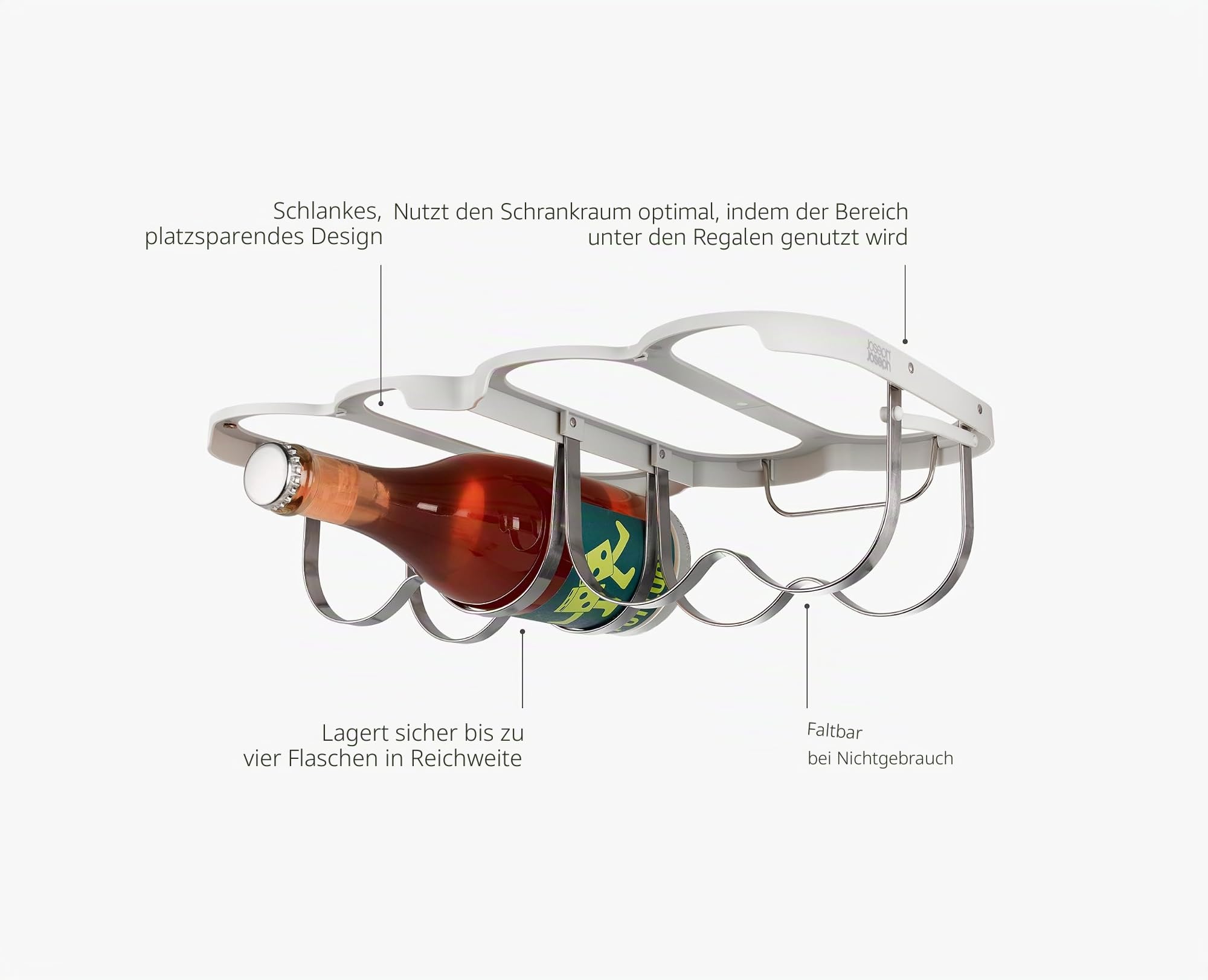 Joseph Joseph Cradle Weinregal für Schrankmontage, Klappbarer Flaschenhalter aus Stahl, Platz für 4 Flaschen