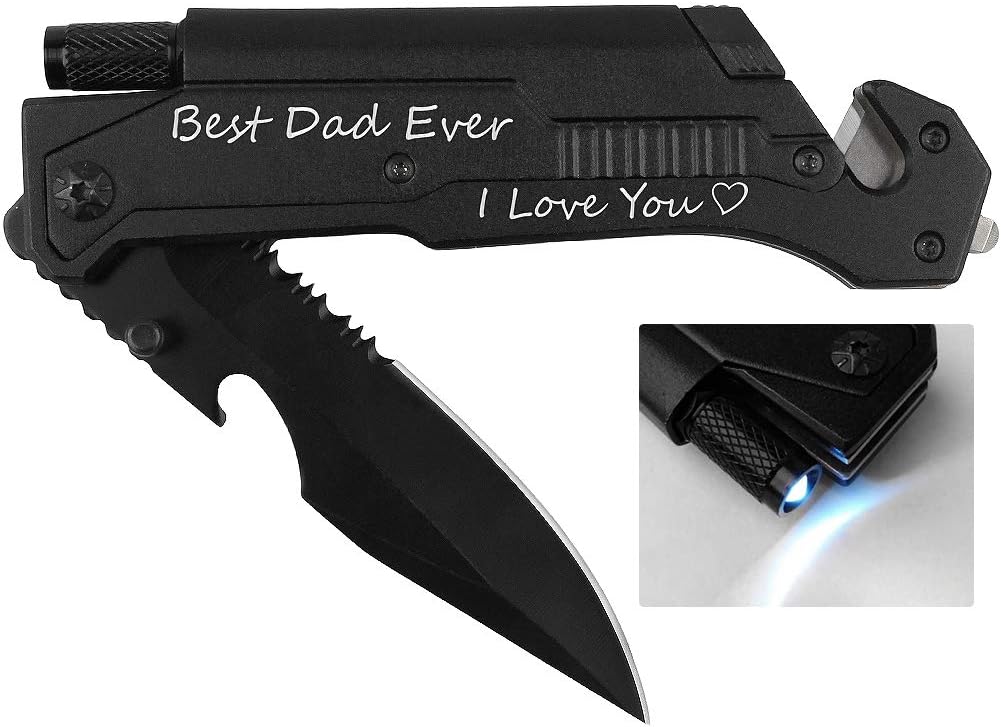Husband Boyfriend Birthday Present, Pocket Knife with Box with 6 Functions, LED Light,Fire Starter,Bottle Opener,Seat Belt Cutter,Glass Breaker, Gift for Men, Anniversary, Father's Day