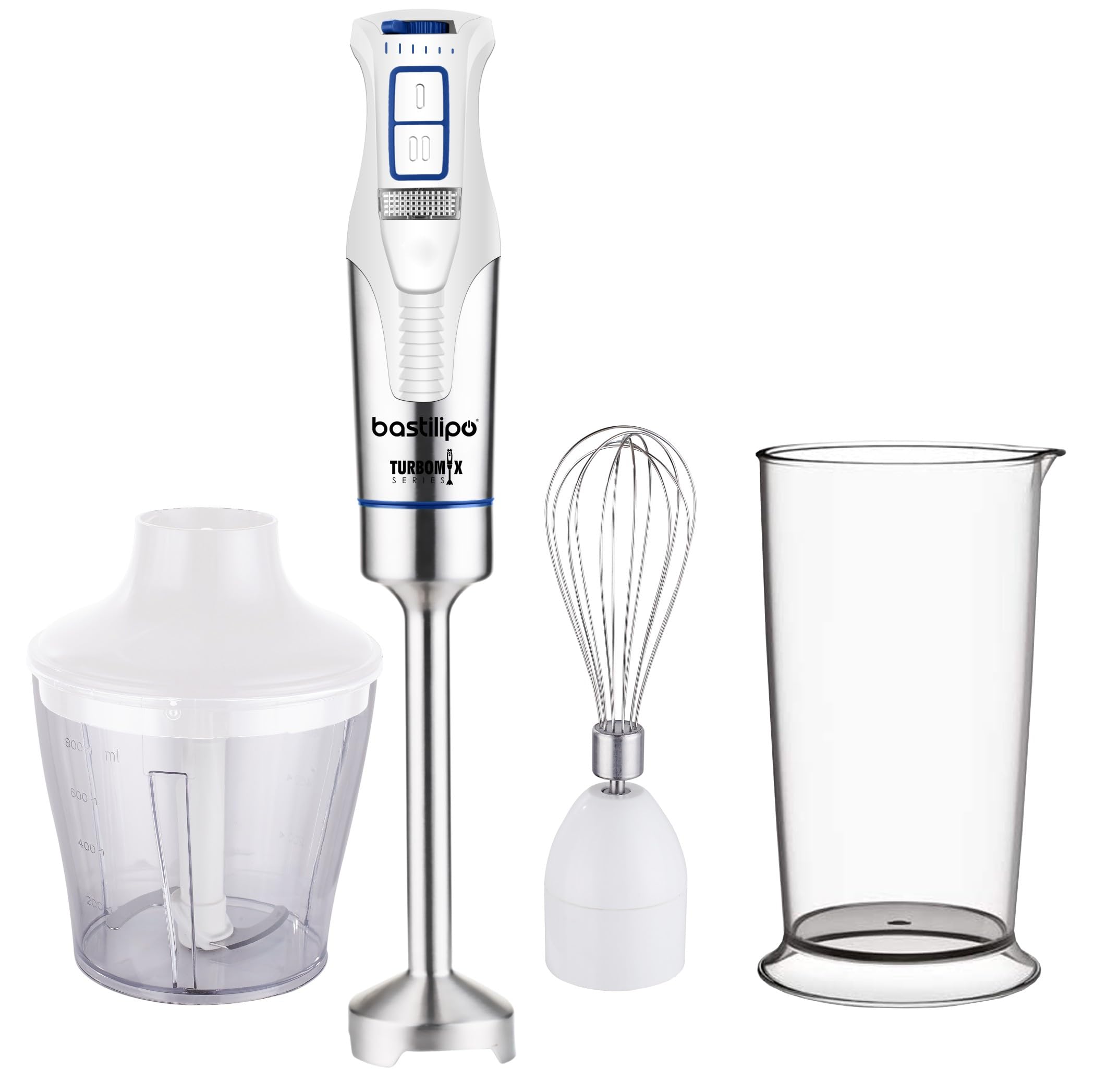 Turbomix-1200ACC - Batidora de brazo 1200W con cuchillas de acero inoxidable - Con velocidad variable + Turbo - Incluye vaso medidor 800ml, Picadora 800ml y Varilla - Bastilipo
