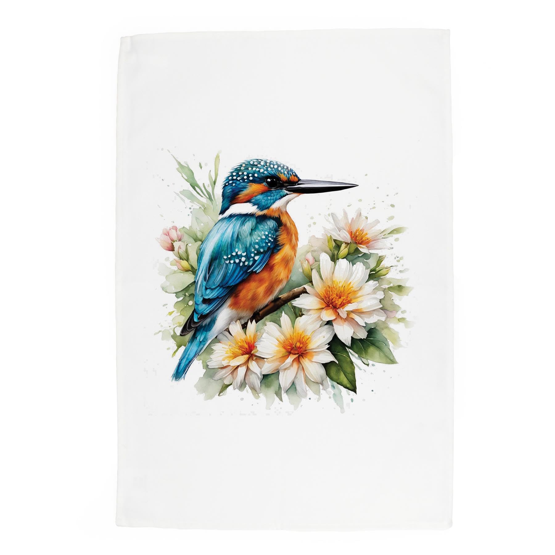 Purely Home Floral Kingfisher Tea Towel - Birds & Flowers Wildlife Nature Gift/Present - Panama Cotton Kitchen Dish Towel/Drying Cloth - 67cm x 45cm
