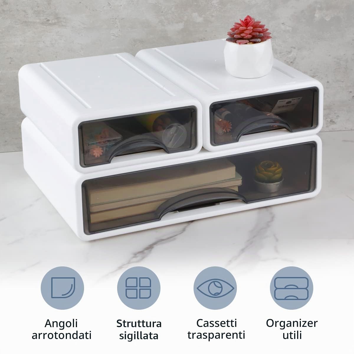 3 cassetti organizer da scrivania, impilabili, con 3 cassetti, organizer per cassetti da ufficio, accessori per organizzazione della scrivania, per casa, scuola, carta (bianco)