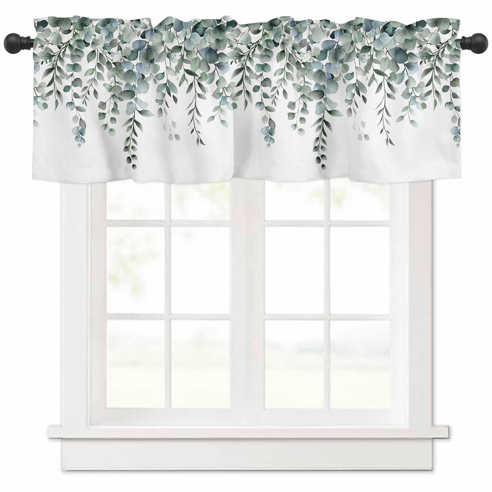 Hokiten Spring Green Eucalyptus Leaves Valances for Windows, Valance Curtains for Kitchen, Bathroom, Bedroom, Vintage Botanical Rod Pocket Short