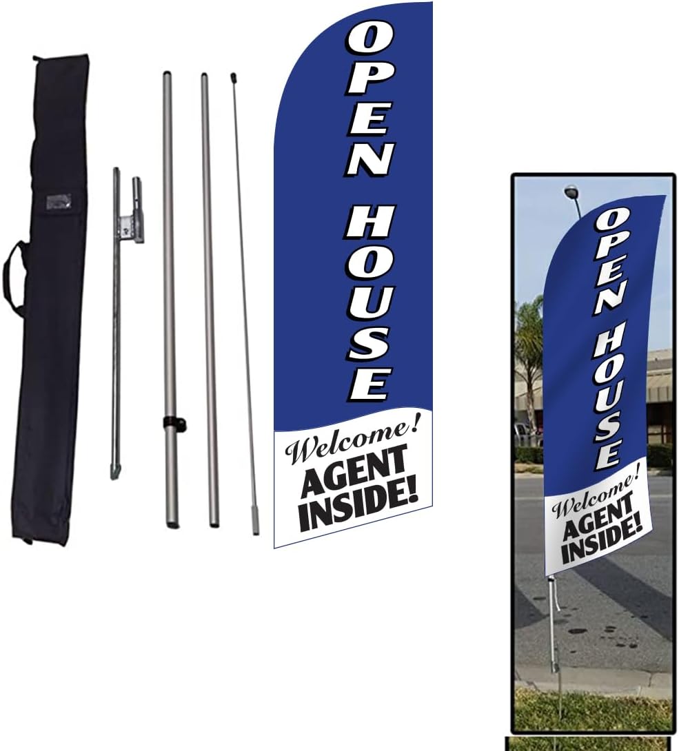 Open House Blue Feather Flag Sign for Real Estate, Advertising Feather Banner Flag with 8 foot Flag Pole Kit, Ground Stake, and Travel Bag, Signs for Agents (FFN-9000)