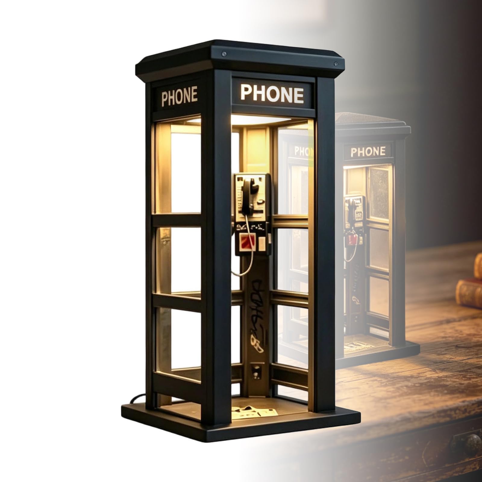 Vintage Phone Booth Ambient Lamp, Retro Telephone Booth LED Night Light with Warm Glow, Mini Street Phone Booth Desk Lamp for Bedroom Office Shelf Decor, Black, 20cm (1)