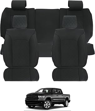 ROCCS Leather Seat Covers 5 Seats for 2009-2026 Dodge Ram 1500, Black | Full Set 2010-2026 Dodge Ram 2500 3500 Cushion Cover Breathable, Airbag Compatible Waterproof Truck Seat Cover Accessories