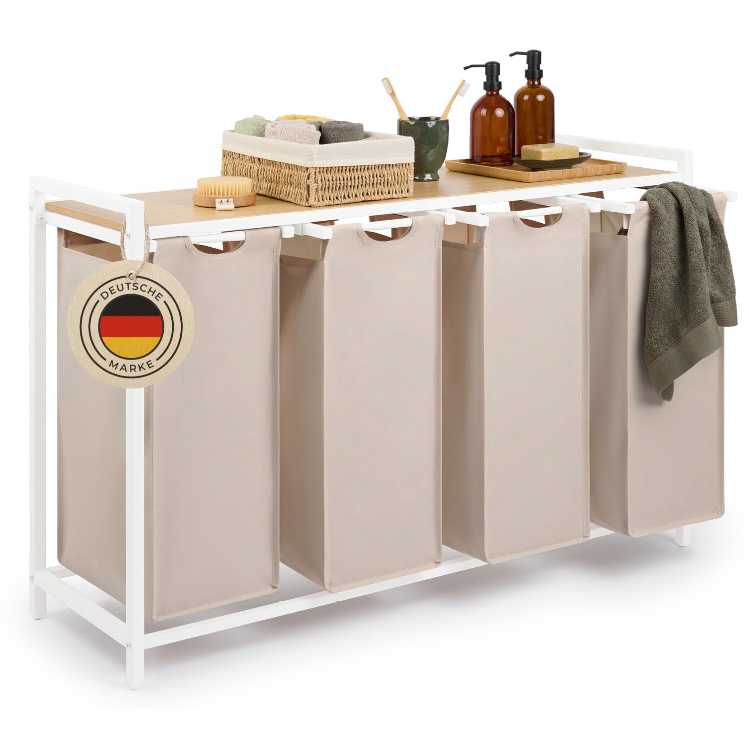 Blumtal Wäschesammler 4 Fächer Creme - Wäschekorb mit Ablage in Bambus-Optik - Wäscheschrank mit Metall-Rahmen in Weiß - Wäschekorb mit Beinen - Wäschetrenner 4 Fächer - Wäschesammler mit Ablage