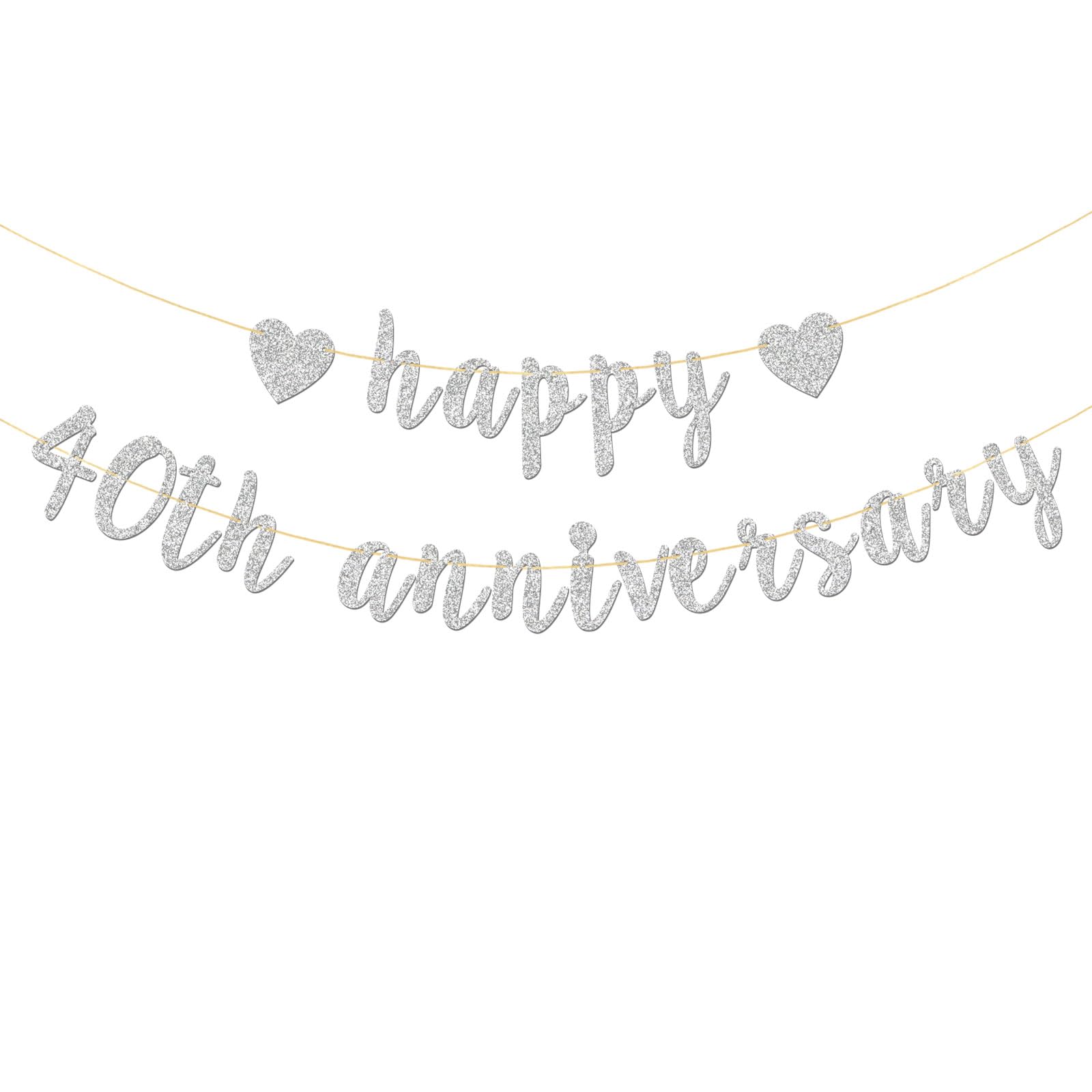 Happy 40th Anniversary Banner - Happy 40th Birthday Party Garland Supplies - 40 Wedding Anniversary Party Decorations - Silver Glitter