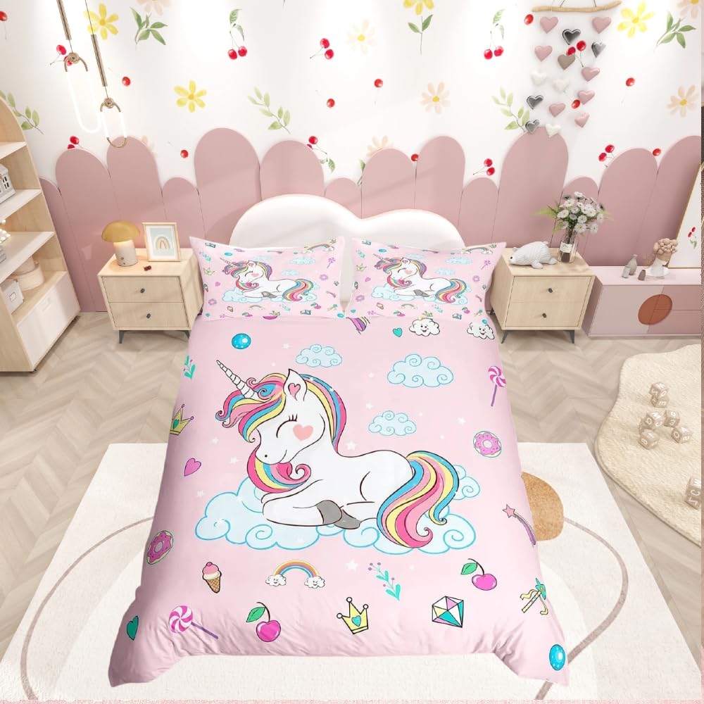 Homemissing Pink Dreamy Unicorn Duvet Cover Set Girls Cute Unicorn Bedding Set for Kids Boys Girls Magical Comforter Cover Fairy Girls 220x230cm Quilt Cover