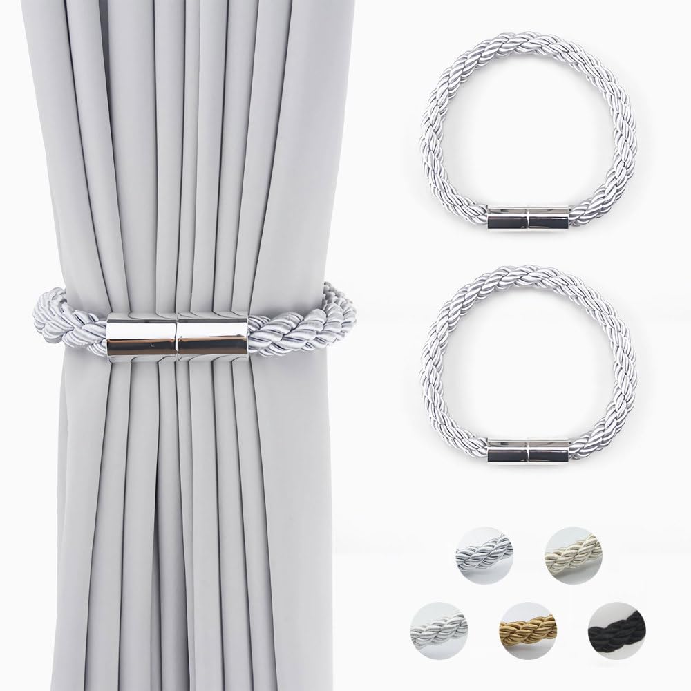 Mioyoow Grey Curtain Tiebacks, 2 Pcs Magnetic Curtain Holdbacks Weave Rope Drape Tie For Home Office Window Draperies