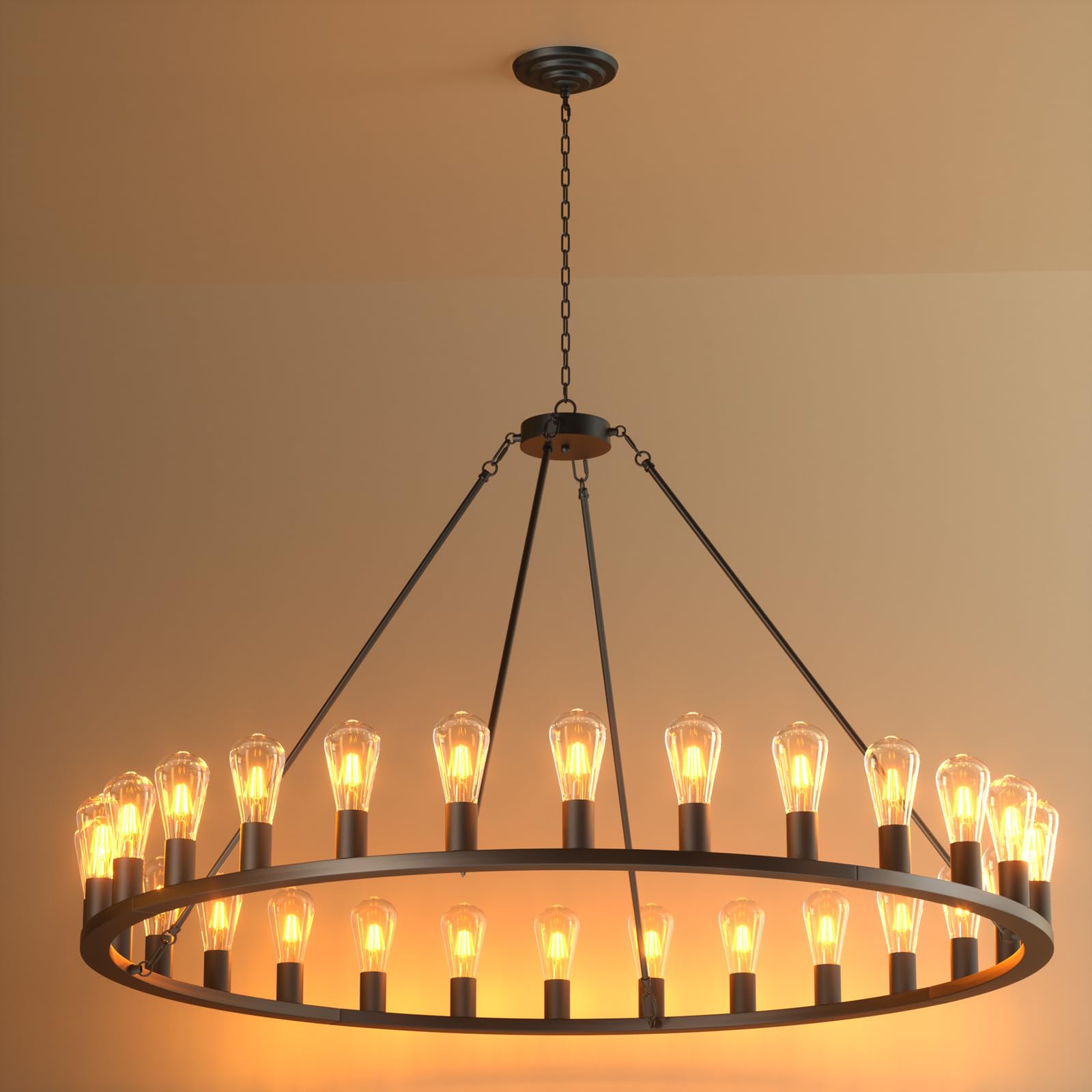 52 Inch Black Farmhouse Chandeliers, 28-Light Round Extra Large Wagon Wheel Chandelier with Adjustable Height, High Ceiling Light Fixture for Living Dining Room Kitchen Foyer Entryway, E26