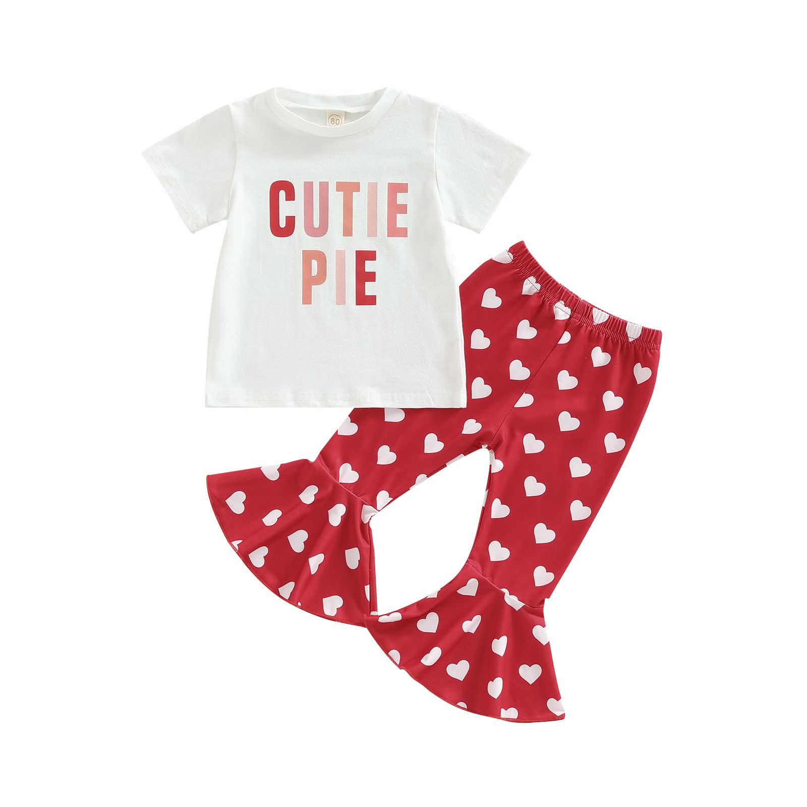 BeQeuewllToddler Valentines Day Outfit Girl Short Sleeve T-Shirt Heart Fries Print Flared Pants Set Kids Girl Summer Clothes