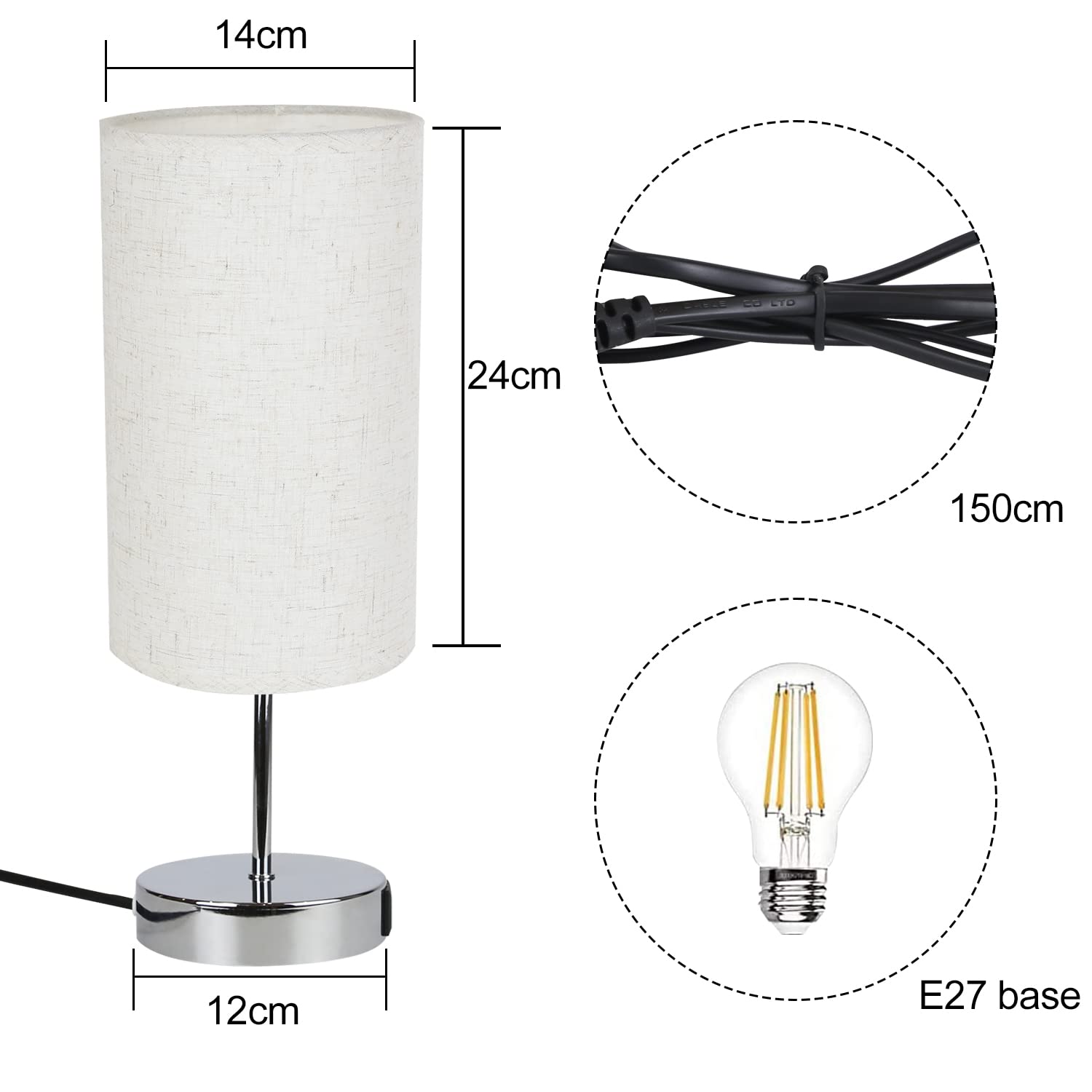 GBLY Nachttischlampe Touch Dimmbar 2er Set Modern Tischlampe mit USB | Anschlüsse, Schlafzimmer Nachttisch Lampe mit Ladefunktion, Chrom Bettlampe mit Stoffschirm, Tischleuchte E27 für Hotel Bett