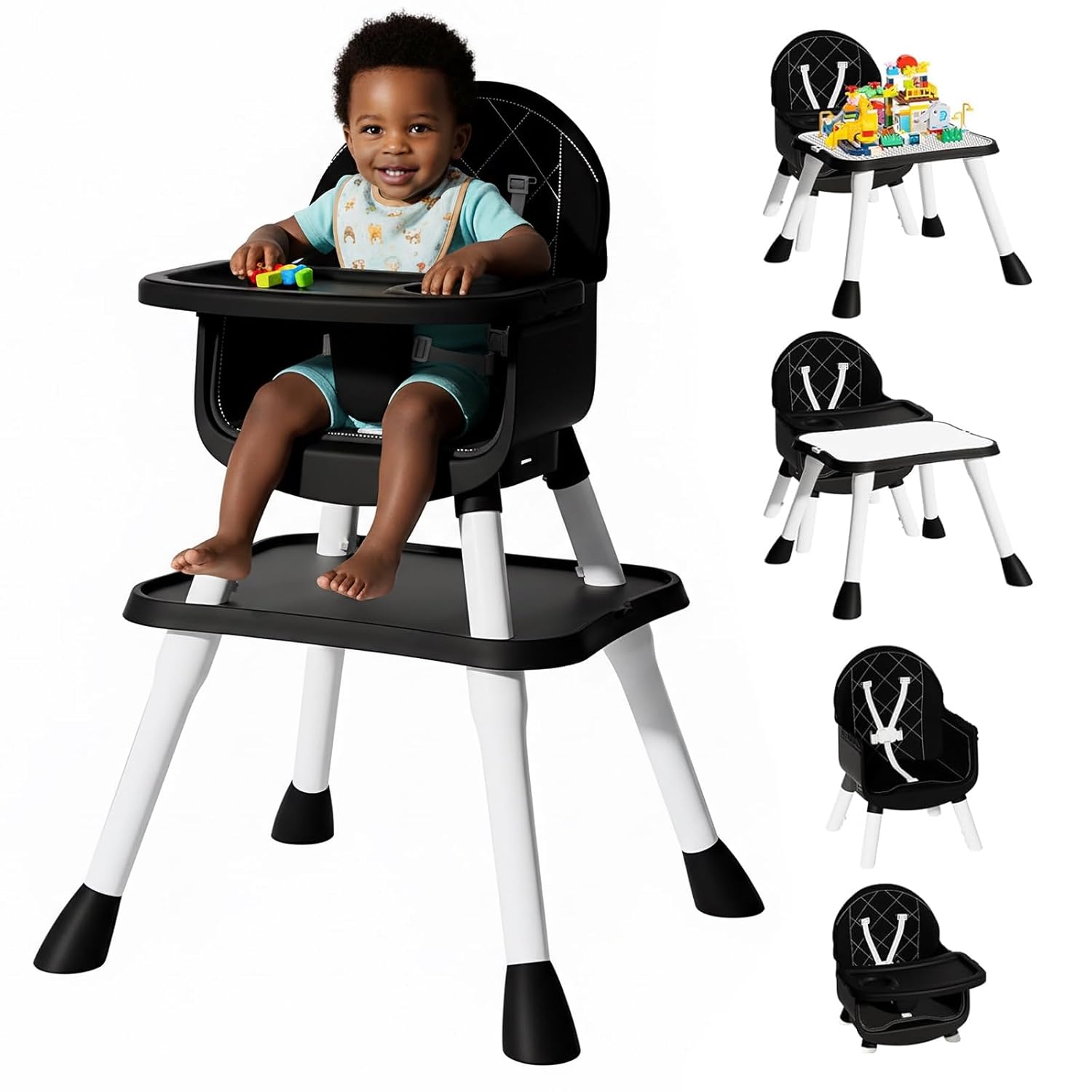 UNISWAN 6-in-1 Convertible Baby High Chair for Babies & Toddlers - Easy Clean, 5-Point Safety Harness, Multi-Mode Black Highchair