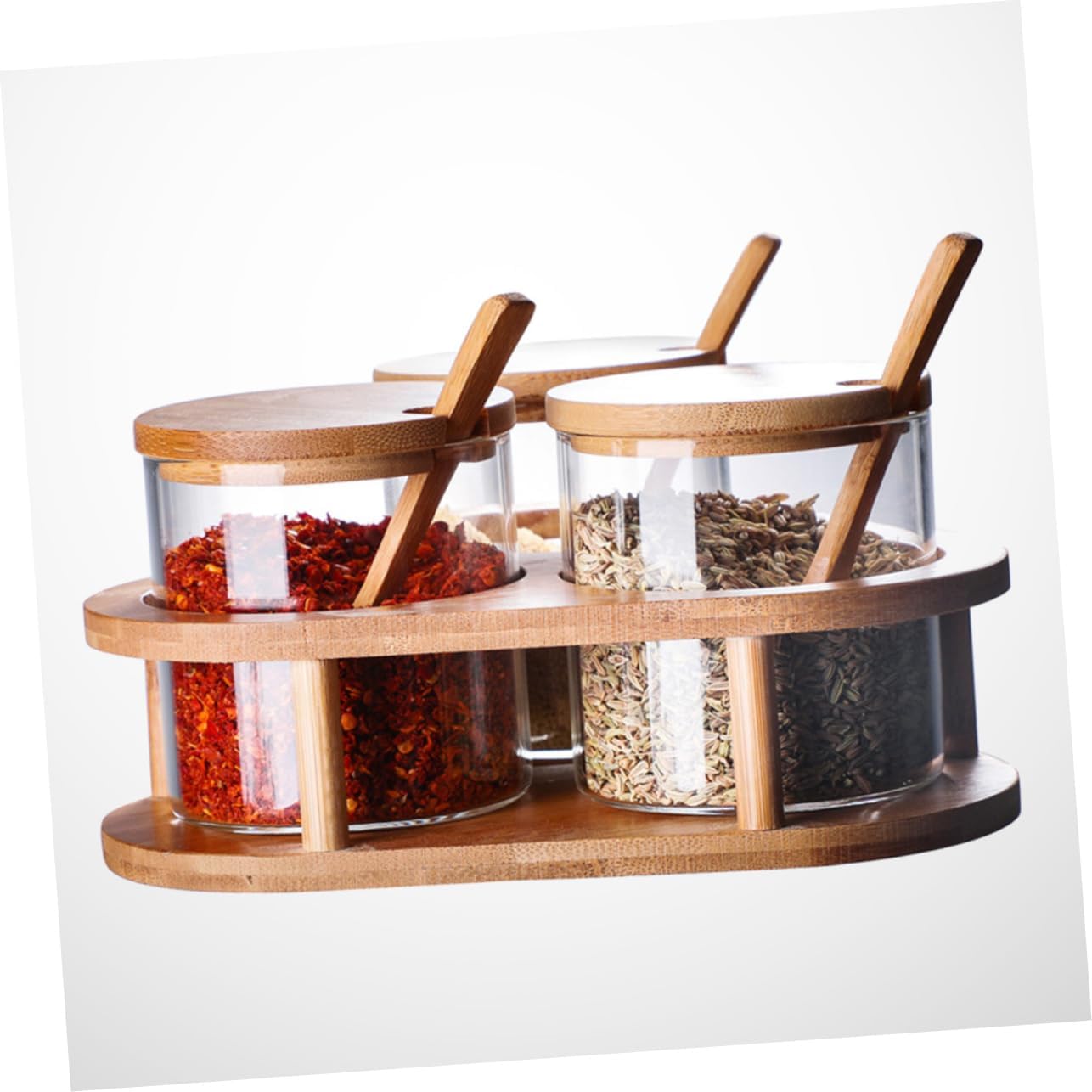 Glass Seasoning Jars Set Condiment Pot with Bamboo Spoon and Lid Canister Sets for Kitchen