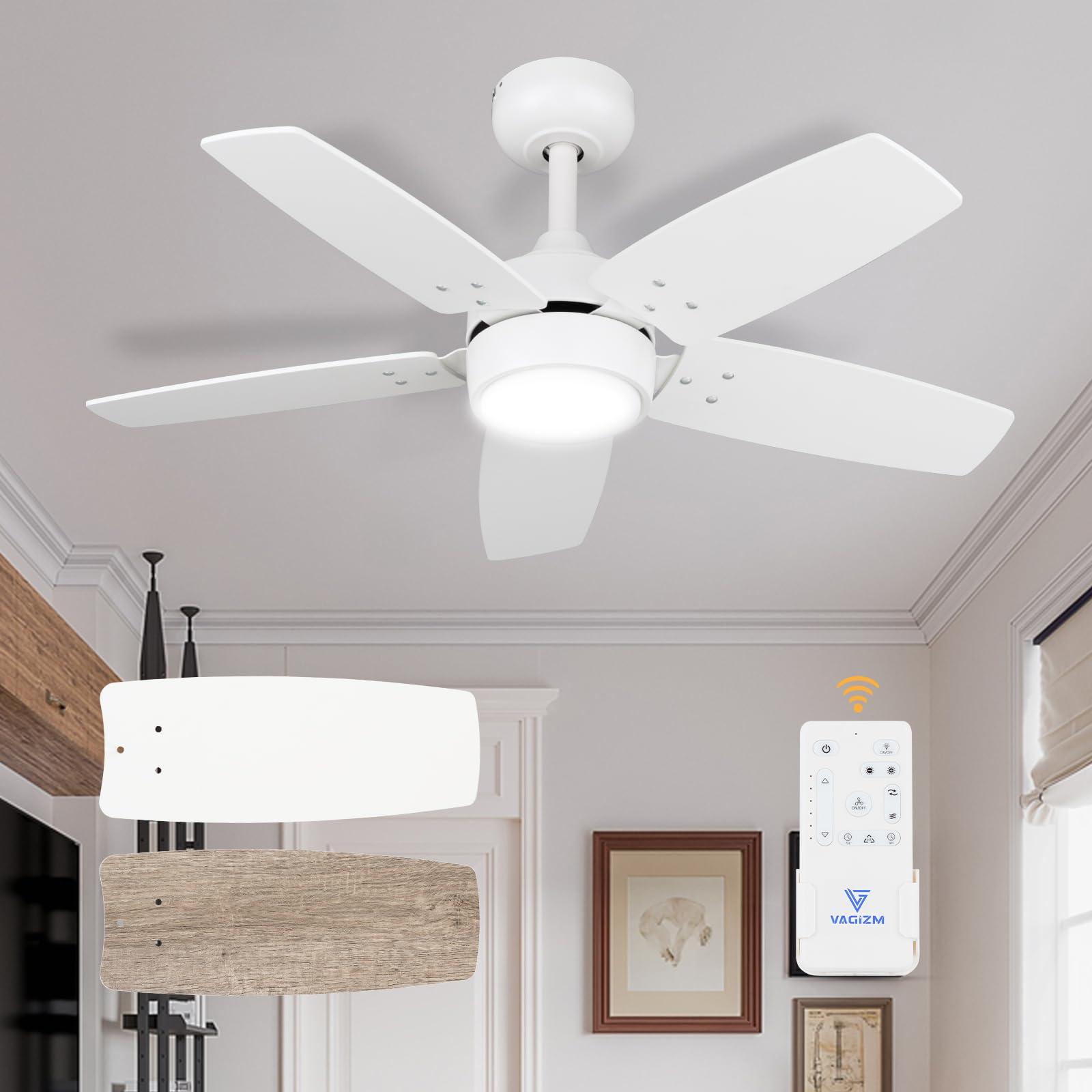 Vagizm Ceiling Fan 36'' for Small Room: Matte White Modern Fans with Light Remote Control - Reversible Quiet DC Motor Dimmable with 6 Speeds for Dorm Room Bedroom Indoor Outdoor Use