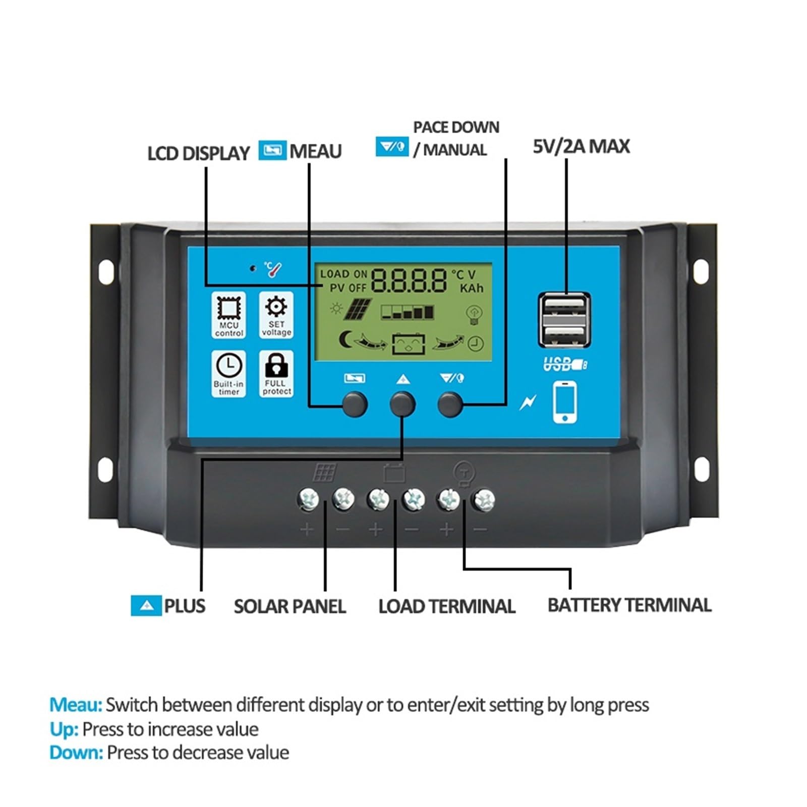 Regolatore di Carica Pannello Solare, Regolatore di carica solare PWM 60A 50A 30A 20A 10A 12/24V Regolatore del pannello solare Display LCD Doppia uscita USB 5V Regolatore fotovoltaico Carico(60A)