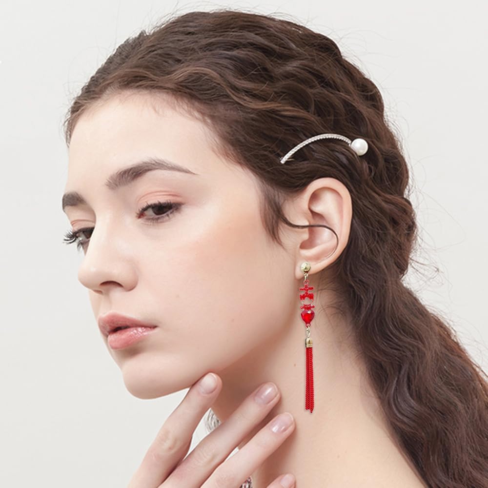 Red Tassels Wedding Statement Dangle Drop Earring S925 Sterling Silver Post for Women New Year Celebration Fashion Earrings Cubic Zirconia Crystal Chinese Style Long Dangling Piercing Xmas Gift - Image 3