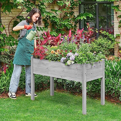 Image of Yaheetech 1pc Raised Garden Bed Outdoor with Legs Horticulture Elevated Wood Planter Boxes w /Stable Rectangle Structure Standing Planter for Vegetables Flowers Herbs Planting,Gray | Fir wood with black non-woven fabric liner offers elevated planting, saves patio space, and enhances garden display.
