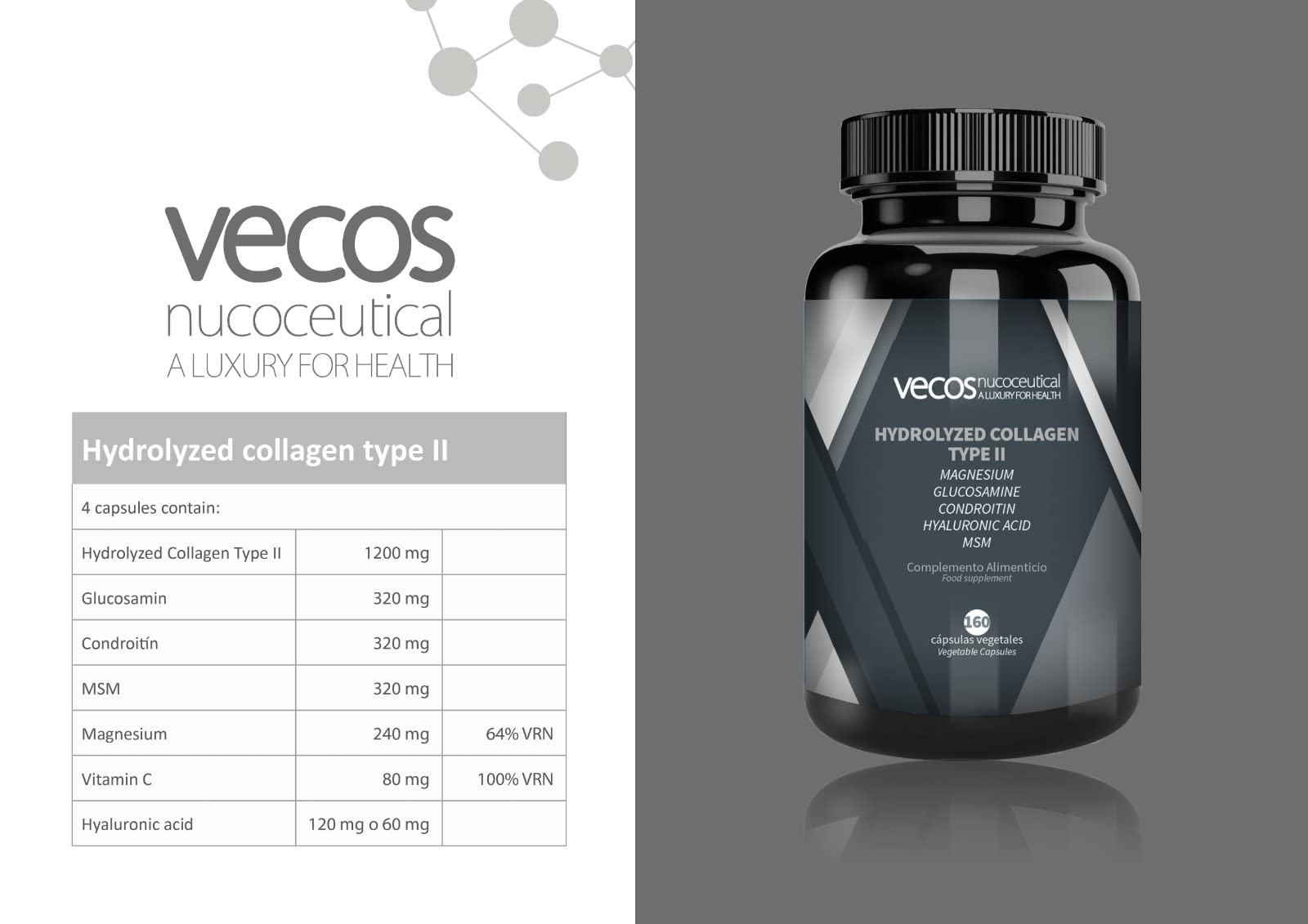 Vecos | Collagene Idrolizzato Tipo II con Condrofitina e Acido ialuronico | Aiuta a Prevenire il Dolore e l'Infiammazione delle Articolazioni| Effetto Antinfiammatorio e Antiossidante