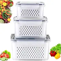 Kit 3 Potes Organizadores de Geladeira Hermético com Trava nas Tampas Borracha Isolante e Cesto de Escorrer Removível - Organizador de Alimentos Frutas Legumes Saladas - Sem BPA - Qualidade Premium