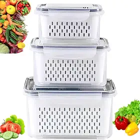 Kit 3 Potes Organizadores de Geladeira Hermético com Trava nas Tampas Borracha Isolante e Cesto de Escorrer Removível - Organizador de Alimentos Frutas Legumes Saladas - Sem BPA - Qualidade Premium