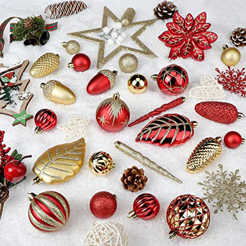 Shareconn 106Pcs Christmas Balls Ornaments Set, Shatterproof Plastic Decorative Baubles For Xmas Tree Decor Holiday Wedding Party Decoration With Hooks Included, Red & Gold #TOP3