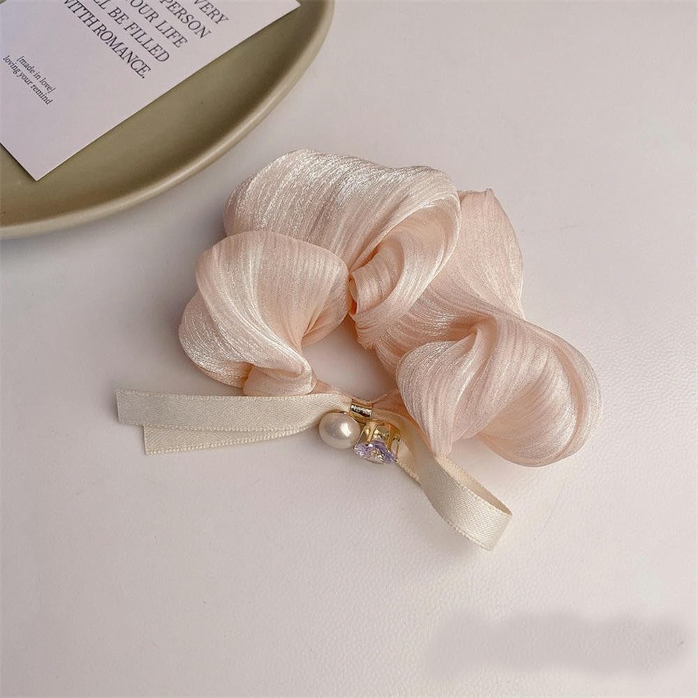 Haargummis, Satin-Haargummis, Seiden-Haargummis, Haarringe für Zöpfe, 4 Stück, Haargummi, Haargummi, Damen, Rosa, Blume, Perlen, hoher Pferdeschwanz