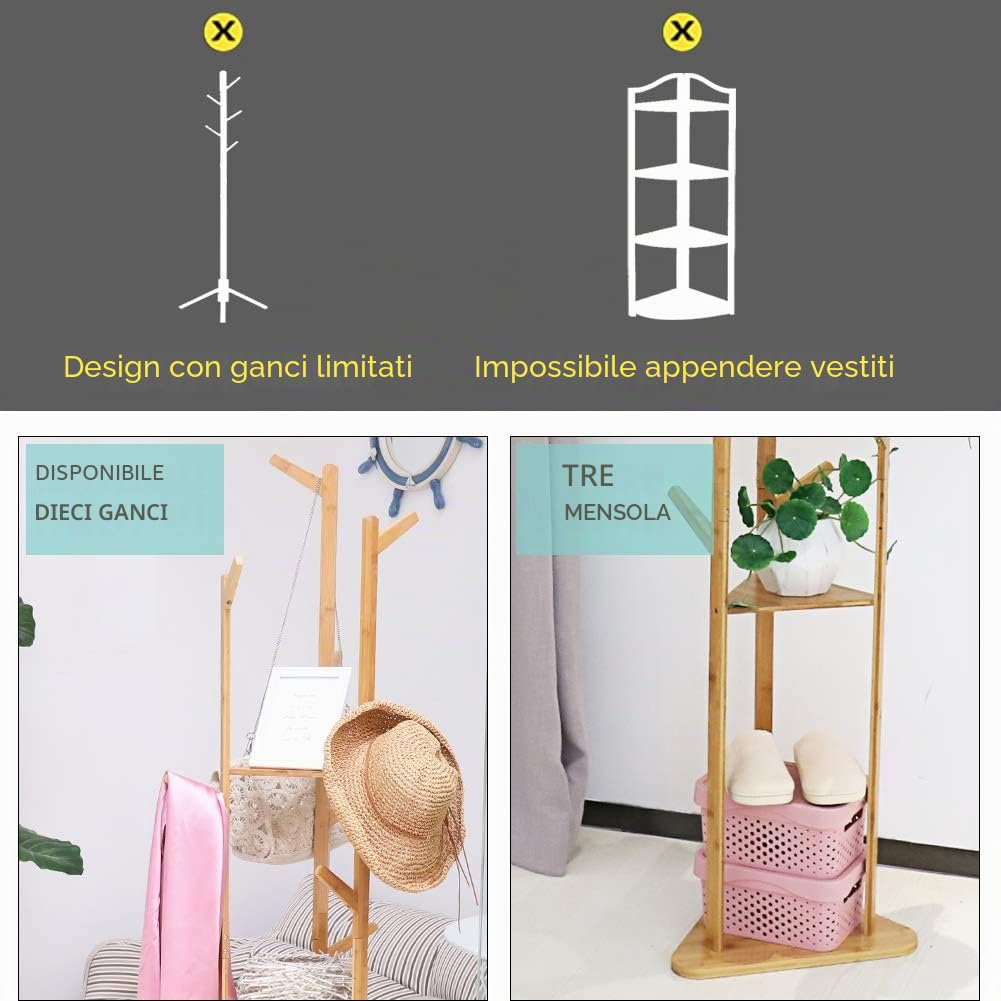 Appendiabiti da Terra ingresso Legno Bambù Attaccapanni Servomuto da camera | Appendiabiti Autoportante Design Moderno Salvaspazio con 3 Ripiani 9 Ganci