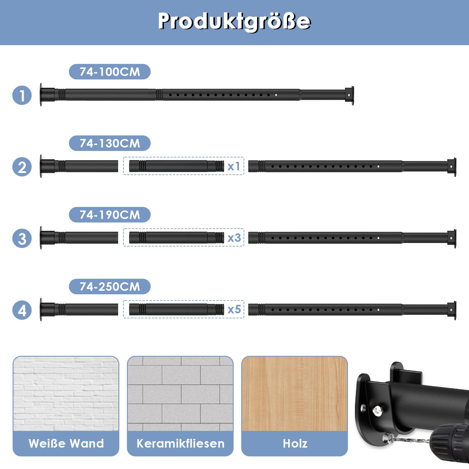 Garderobenstange Schwarz, Ausziehbare Kleiderstange 74-130cm,1 Set Teleskop-Schrankstange für Schlafzimmer Schrank-Kleiderstange （Durchmesser 32 x 28 mm）